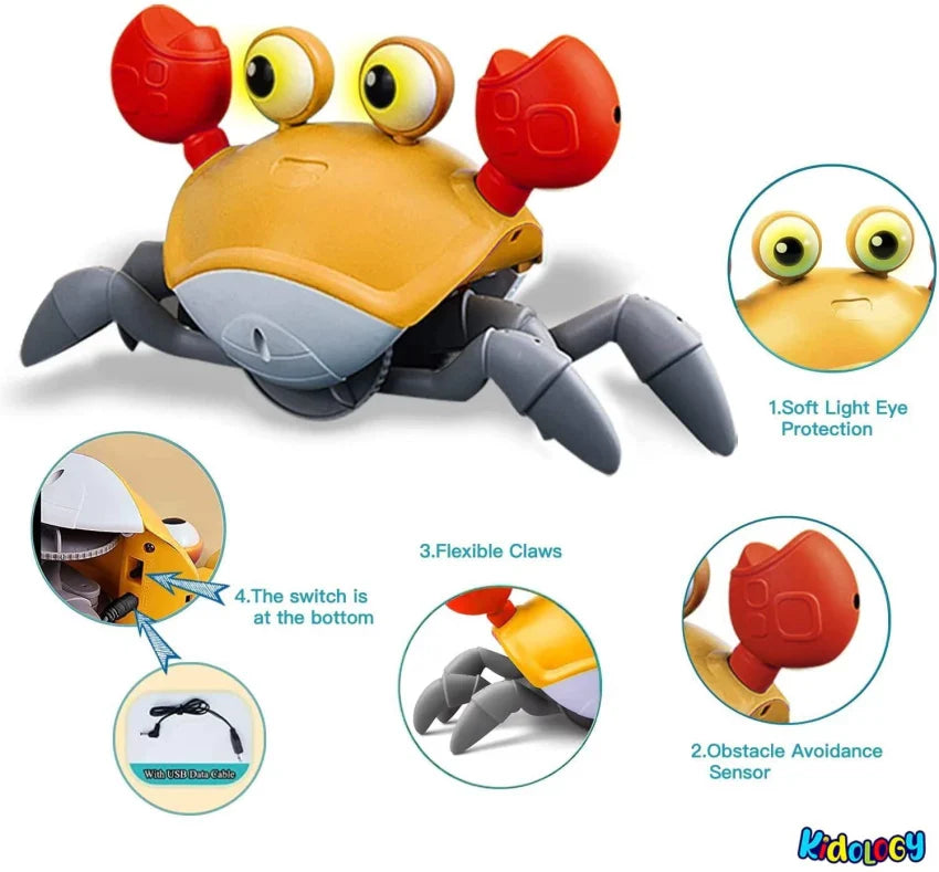 Crawling Crab Toy with Light Up, Interactive Musical Toy with Automatically Avoid Obstacles, USB Rechargeable